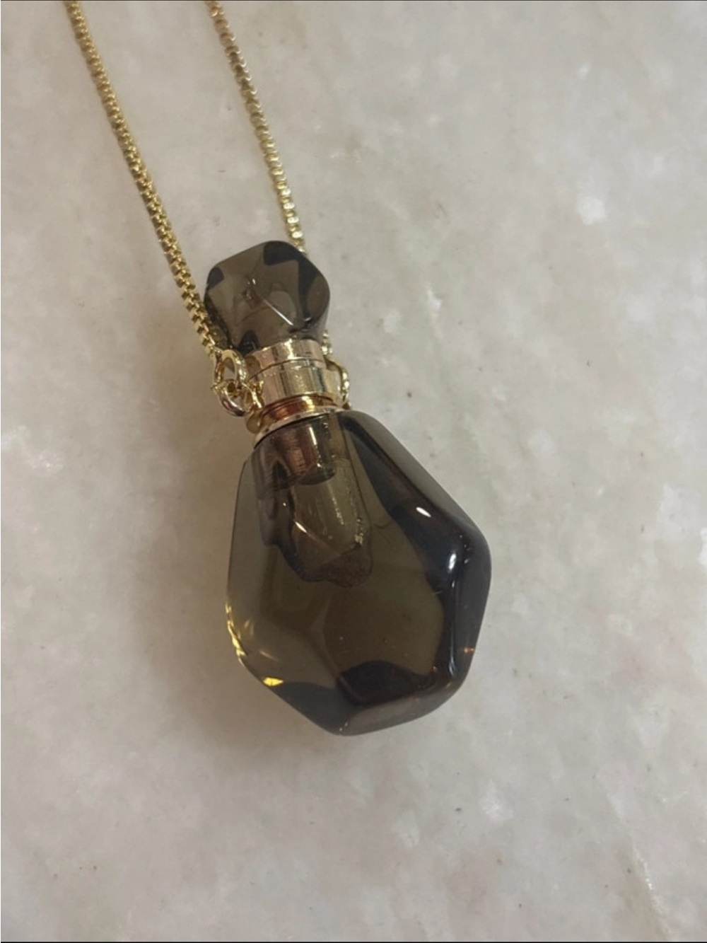 Gold Chain Necklace with Smoky Crystal perfume bottle